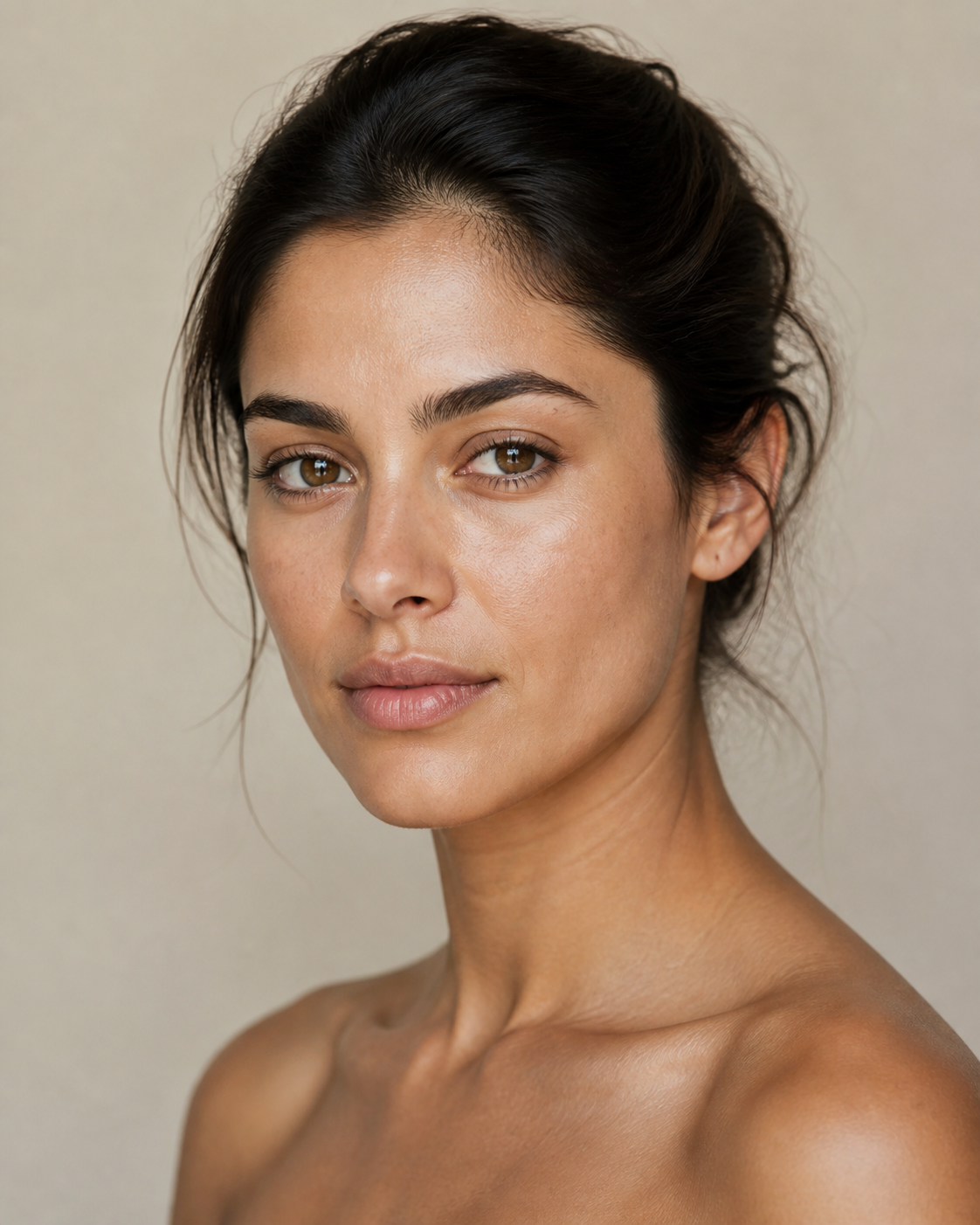 Woman with natural, healthy skin photographed in soft studio light